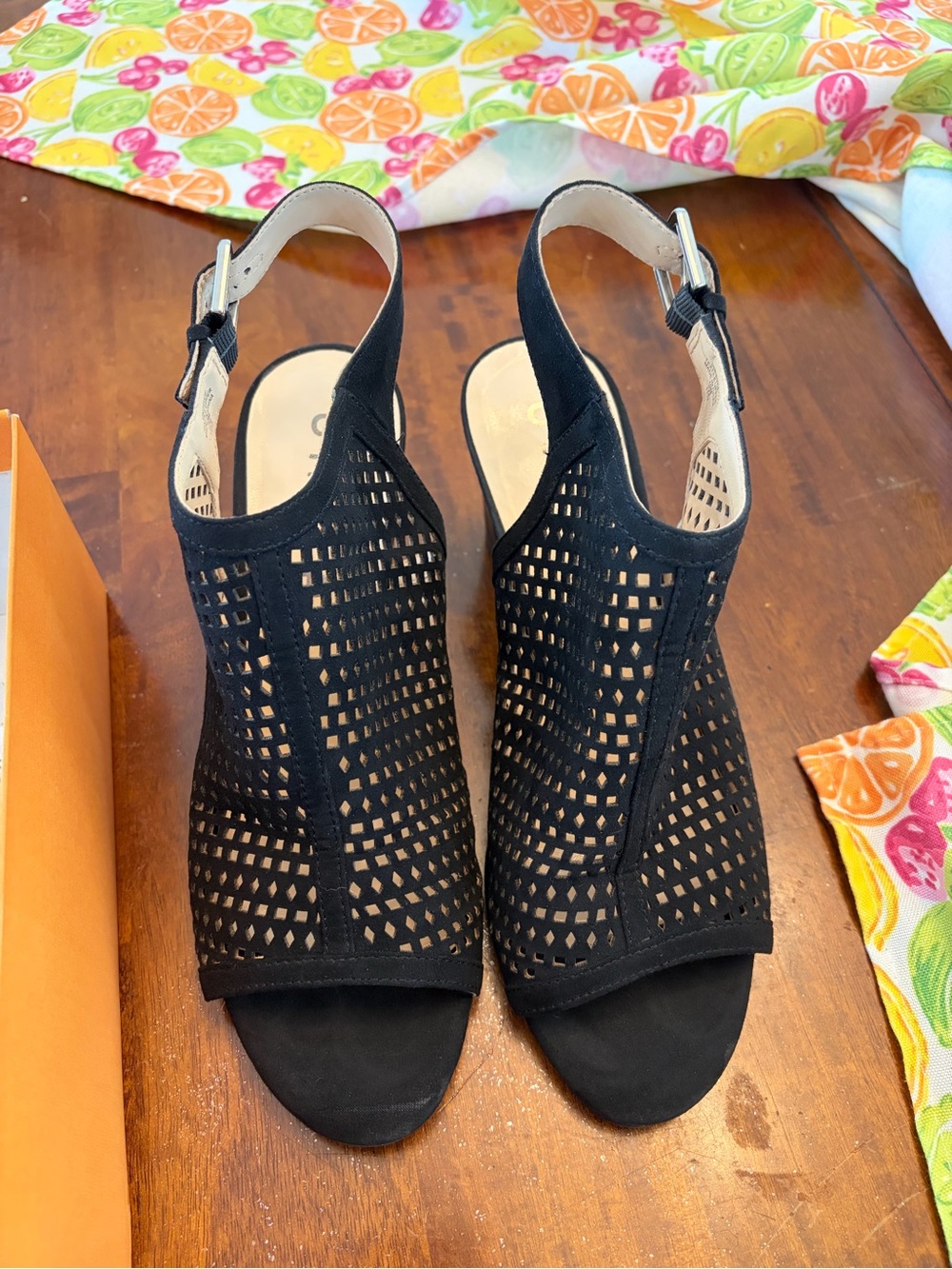 Unisa Black Perforated Slingback Peep-Toe Heels